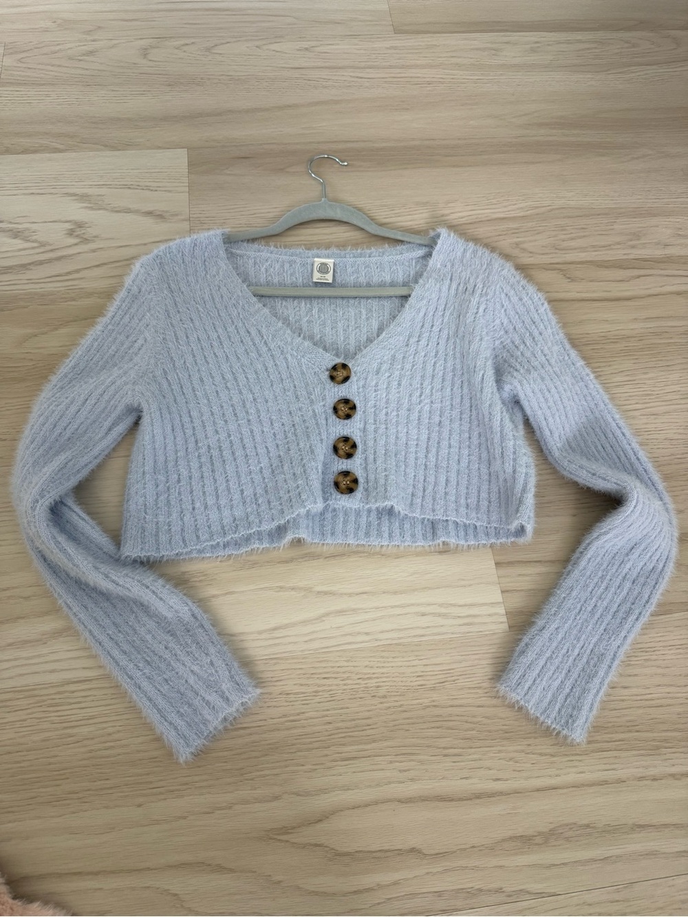 Urban Outfitters Fuzzy Light Blue Cropped V-Neck Cardigan with Tortoise Buttons